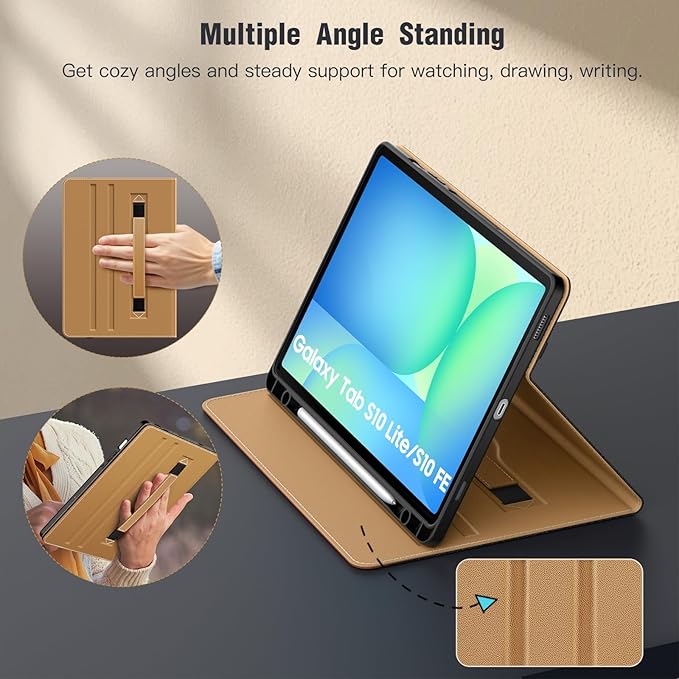 MoKo Case for Samsug Galaxy Tab S10 Lite/ S10 FE/ S9 FE/ S9 10.9/11 Inch | Built-in S Pen Holder Case for Samsung Tablet (2025/2023) PU Leather Hand Strap &amp Front Pocket Blue &amp Brown