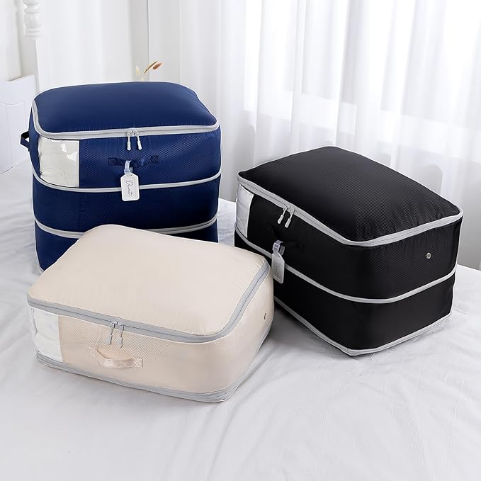 Comforter Storage Bag - Large Capacity Blanket Storage Bags 3-Layer Ultra Space Saving Self Compression Organizer, Washable Compression Bags for Storage Comforter Blanket, 6-Pack, Navy Blue