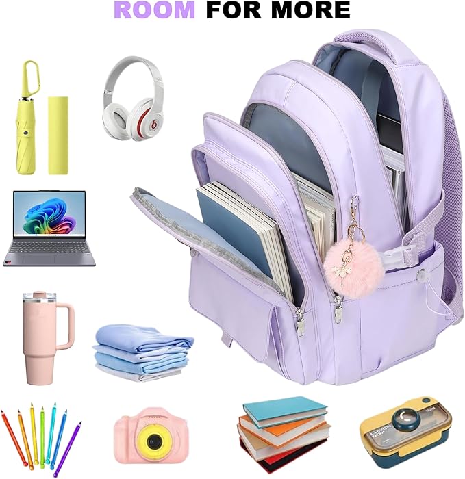 School Bag for Teens Girls,Girls Backpack Set,3 PCS Kids Backpack for Women,15.6 Inch Laptop Middle High School College Student Casual Travel Daypack with Lunch Box Pencil Pouch Set(Purple)