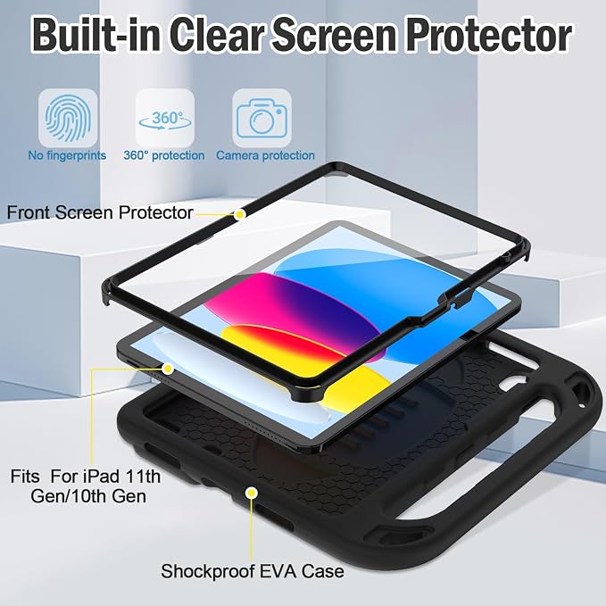 TIRIN Kids Case for iPad A16 11th Generation 2025/iPad 10th Generation 2022 with Built-in Screen Protector Shockproof Handle Stand iPad Case for Kids Black