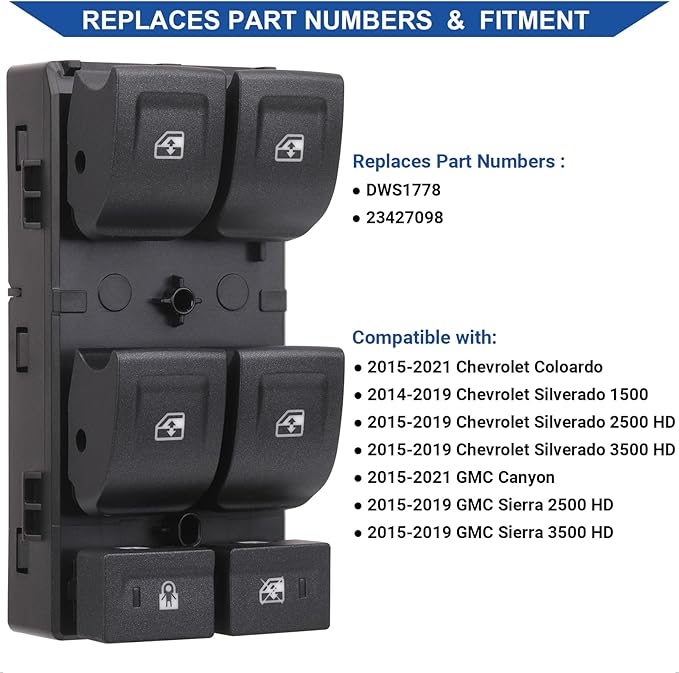 Obaee Window Switch Power Control Button Compatible with 2014-2021 Chevy Silverado 1500, Chevrolet Silverado & GMC Sierra 2500 HD 3500 HD, Colorado & Canyon, Replace OEM 23427098 DWS1778 12 Pins