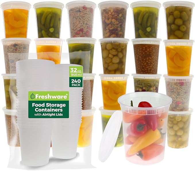 Freshware Food Storage Containers [240 Set] 32 oz Plastic Deli Containers with Lids, Slime, Soup, Meal Prep Containers | BPA Free | Stackable | Leakproof | Microwave/Dishwasher/Freezer Safe