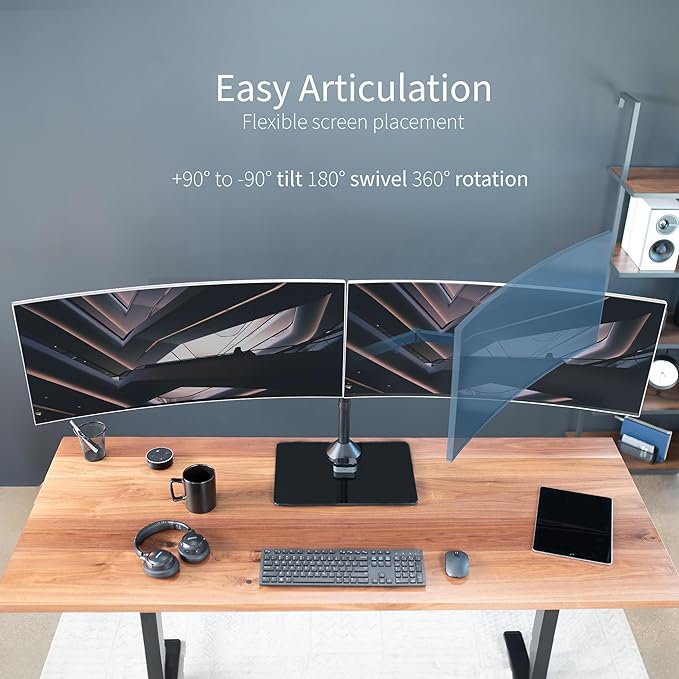 VIVO Freestanding Dual Ultrawide Monitor Stand with Sleek Glass Base and Adjustable Arms, 2 Screens up to 38 inches and 22 lbs Each, Black, STAND-V038FG
