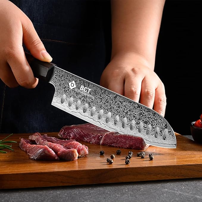 BGT Kiritsuke Knife, 8 inch Japanese Chef Knife, Japanese 67 Layer VG-10 Damascus Steel Kitchen Knife with Ebony Wood Handle and Gift Box. (Santoku knife)