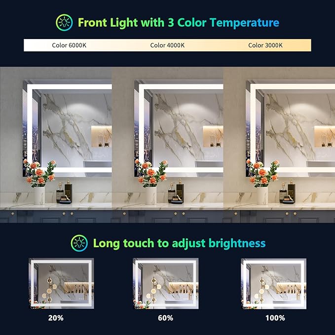 YEELAIT 32x36 Inch RGB LED Bathroom Mirror Front Light and RGB Backlit Lighted Vanity Mirror for Bathroom Wall Mounted Dimmable Anti Fog Memory Shatter-Proof IP54 Waterproof Horizontal/Vertical