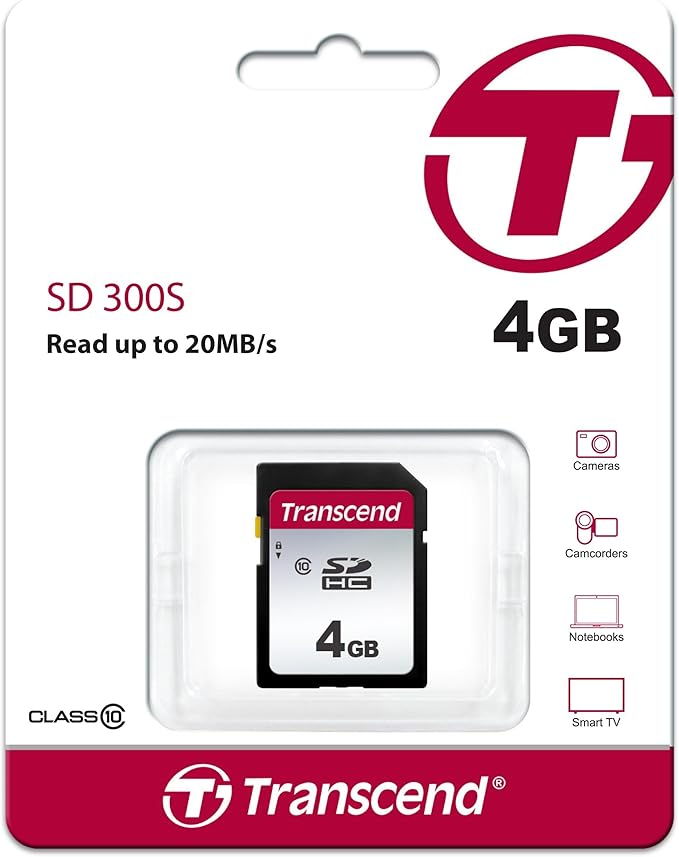 Transcend 4GB SDHC C10 Memory Card, Up to 20MB/s Read Speed, Full HD Video Recording & Photo Storage, Compatible with Canon, Nikon, Sony, Panasonic Cameras, Free Data Recovery Software (TS4GSDC300S)