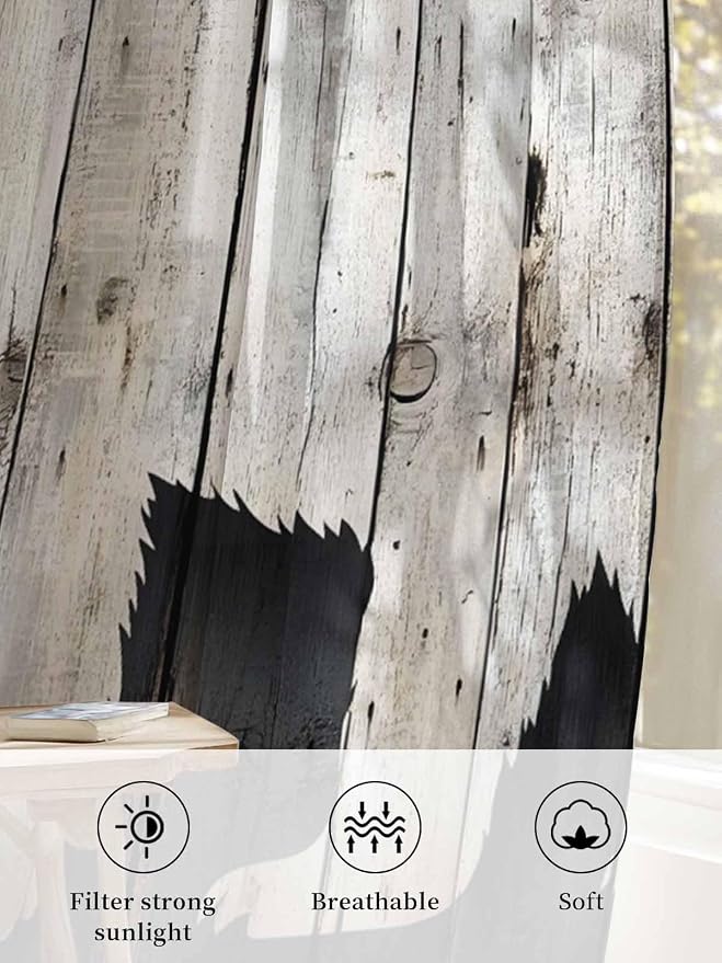 Sheer Curtains 96 Inches Long, Rustic Counrty Vintage Wood Grain Privacy Voile