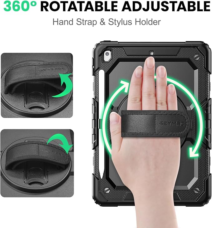 SEYMAC for iPad 9th/8th/7th Generation Case 10.2 2021-2019 Full-Body Shockproof Protective Case with Screen Protector Rotating Stand/Handle/Shoulder Strap for iPad 10.2 Blue/Black