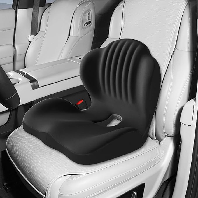 Ergonomic Waist Support and seat Cushion, 2-in-1 Memory Foam pad, Hollow Design for The Coccyx, Suitable for Office Chairs, car Safety Seats and Household use - relieves Lower Back and Hip Pain Black