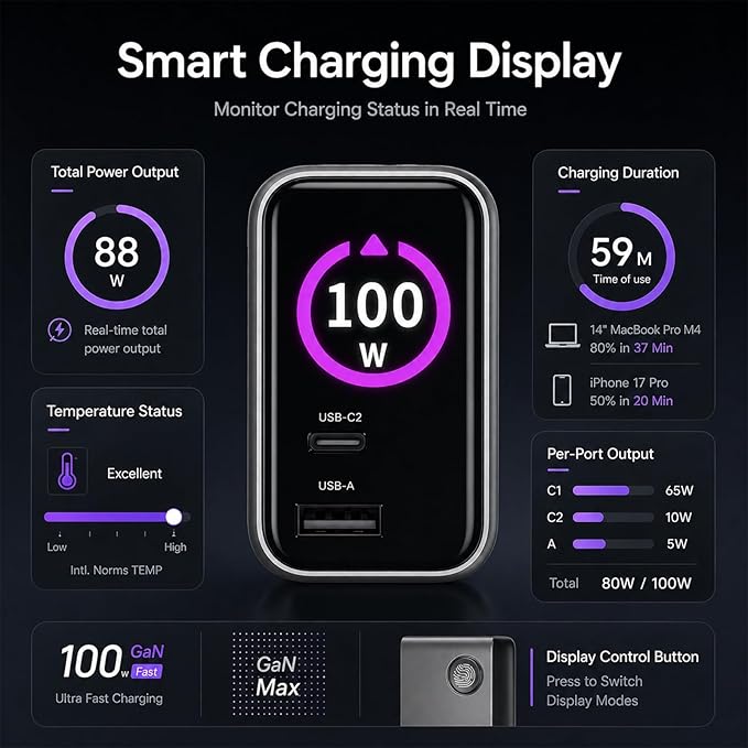 Compact 100W GaN Retractable USB C Wall Charger with Smart Display | Durable Built-in Retractable Cable C1-100W C2-100W A1-30W Compatible with MacBook iPhone Galaxy Pixel iPad(Non-Battery)