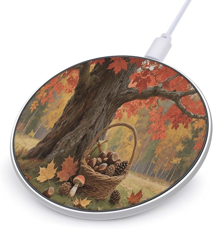 Autumn Fall Harvest Maple Wireless Charger with USB CableAluminum Alloy Frame 10W Max Compatible Fast Wireless Charging Pad- 3.2ft Cable Included for Travel Home Office Desk