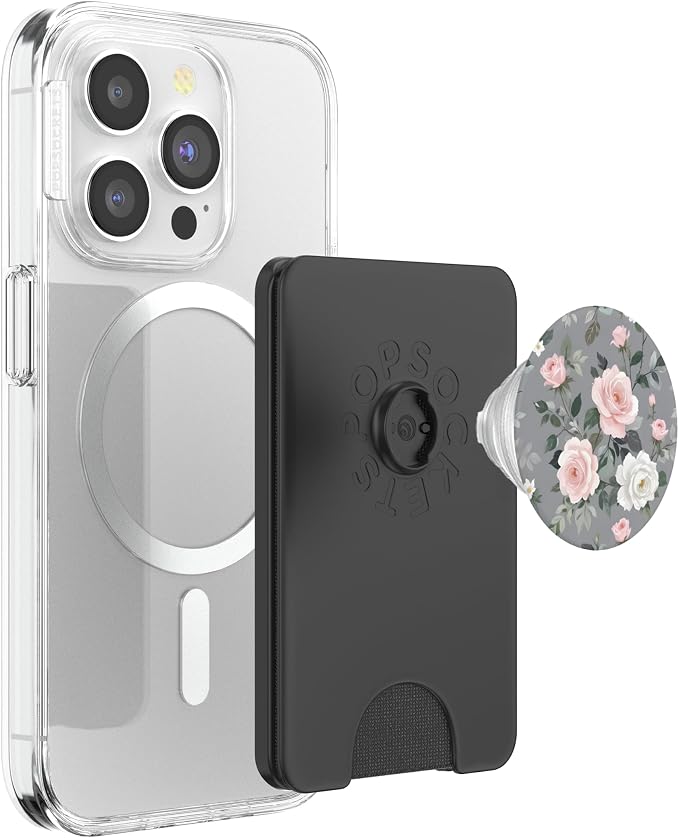 Pink Flowers Gray Leaves PopSockets Adhesive PopGrip
