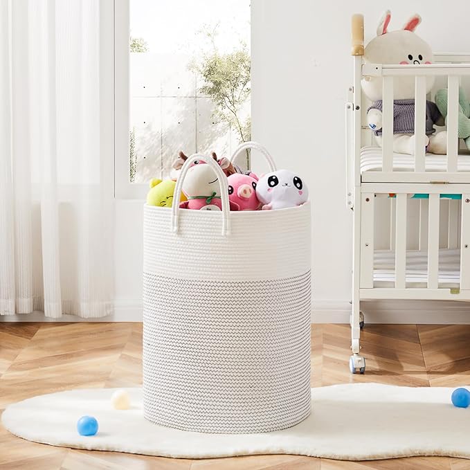 Laundry Basket,Woven Cotton Rope Laundry Hamper,Versatile Storage for Dirty Clothes,Baby Toys,and Blankets in Bathroom, Nursery,and Living Room (White, 60L)