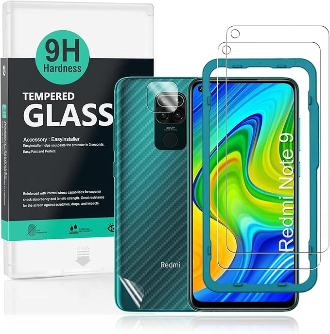 Ibywind Screen Protector For Redmi Note 9with 2Pcs Tempered Glass1Pc Camera Lens Protector1Pc Backing Carbon Fiber Film [Fingerprint ReaderEasy to install]