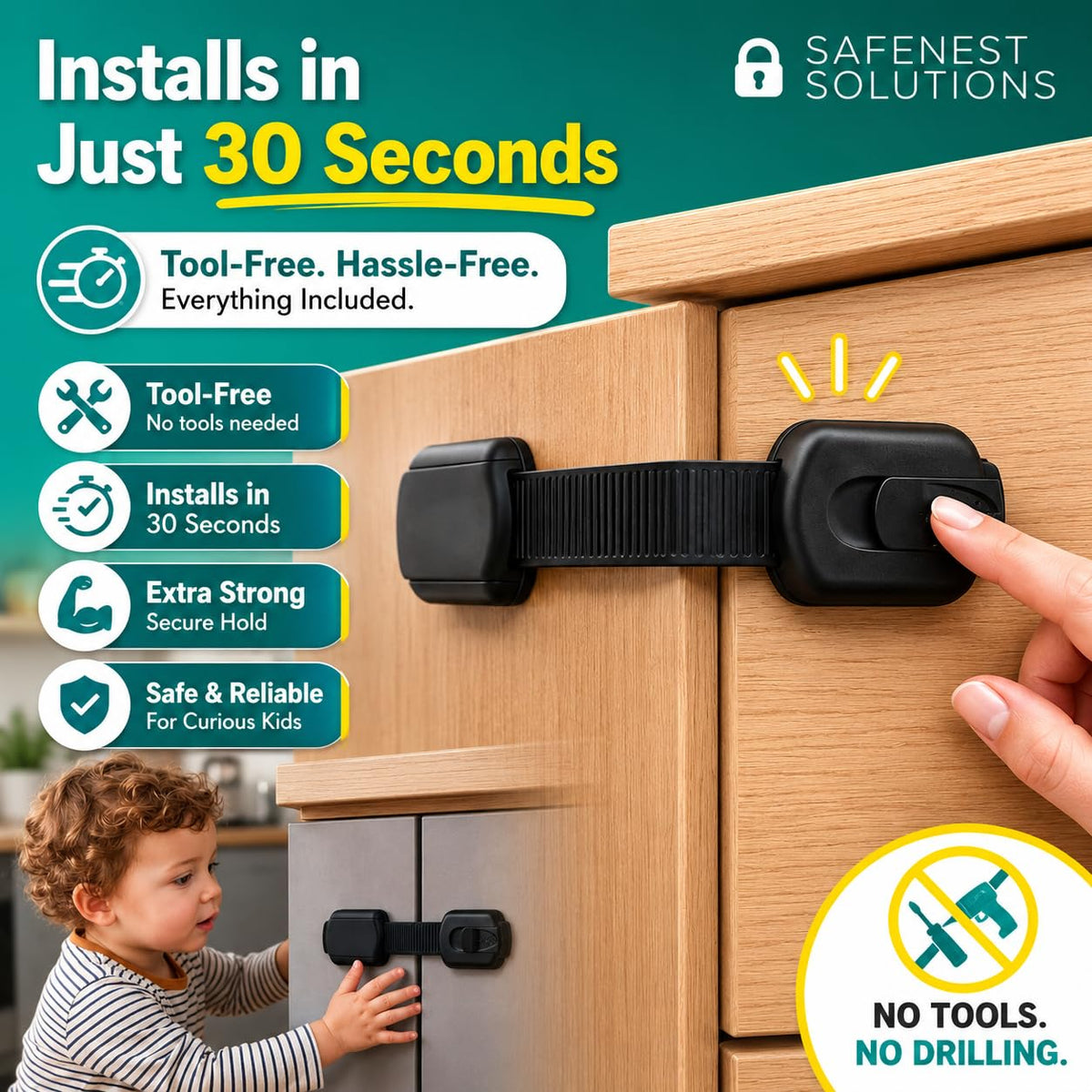 SAFENEST Child Proof Cabinet Locks (5 Pack Black) 3M Adhesive for Cabinets and Drawers, Fridge, Drawer Locks Baby Proofing, No Drilling; Alcohol Prep Pads Included