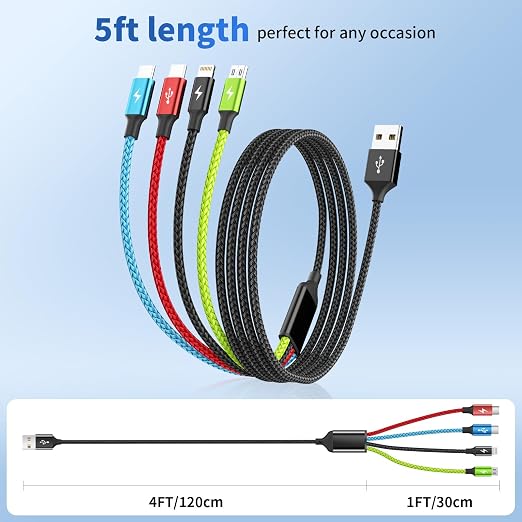 4 in 1 Multi Charging Cable 2 Pack 6FT Charging Cords for Devices | Nylon Braided USB C Car Charger Cable with Dual USB-C IP &amp Micro Ports Long Travel Charging Cord for Cars