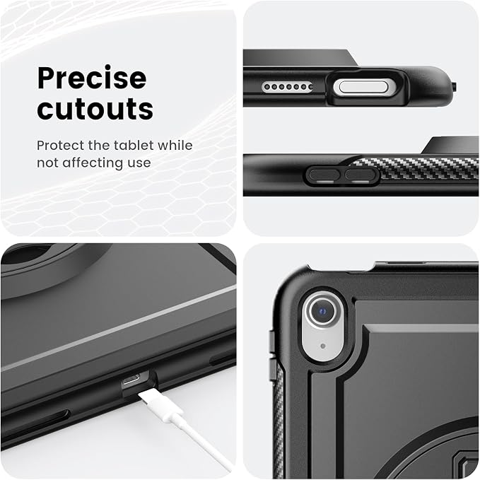 Case for iPad (A16) 11th/10th Generation 11''/10.9'' 2025/2022: Shockproof Protective Case with Hand/Shoulder Strap Pencil Holder Rotate Stand Screen Protector Black