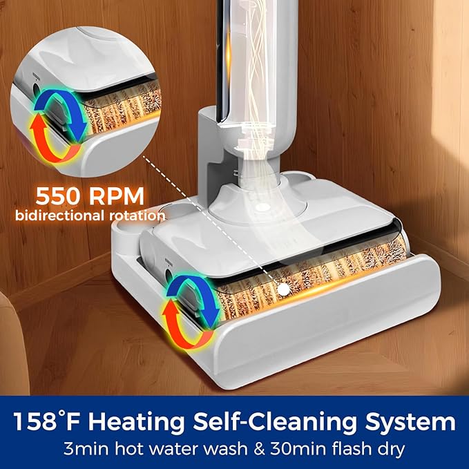 Wet Dry Vacuum Mop, 180°Lay-Flat Cordless Vacuum Mop All in One, Floor Cleaner Machine, 45 Minutes Long Runtime Electric Mop, 158℉ Self-Cleaning, Edge Cleaning, Self-Propelled Vacuum Mop Combo