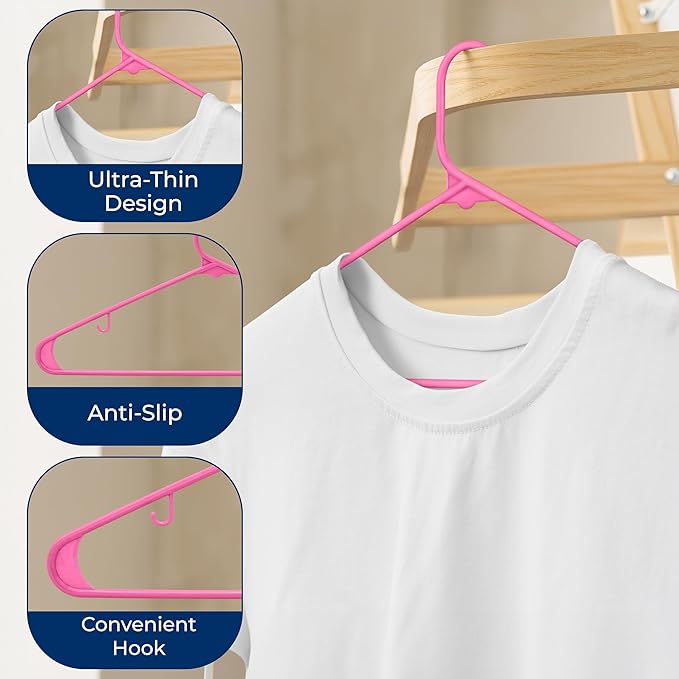 SereneLife 100-Piece Plastic Shirt Hangers – Non-Slip, Slim, Heavy Duty Clothing Hangers for Closets, Space Saving Lightweight Design for Dresses Shirts Coats and Everyday Wardrobe Organization (Pink)