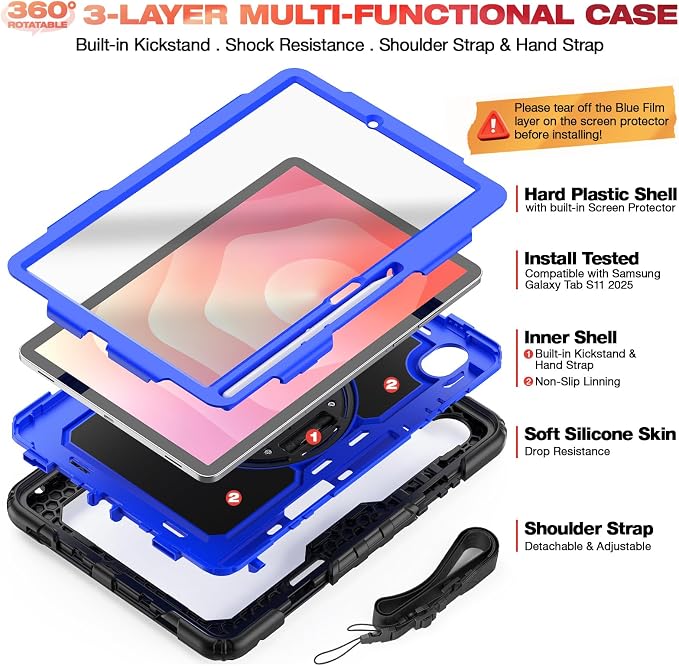 Case for Samsung Galaxy Tab S11 2025 | Three-layer Rugged Shockproof Case W/Screen Protector Shoulder Strap for Tab S11 11 inch (Model SM-X730/SM-X736B) Black