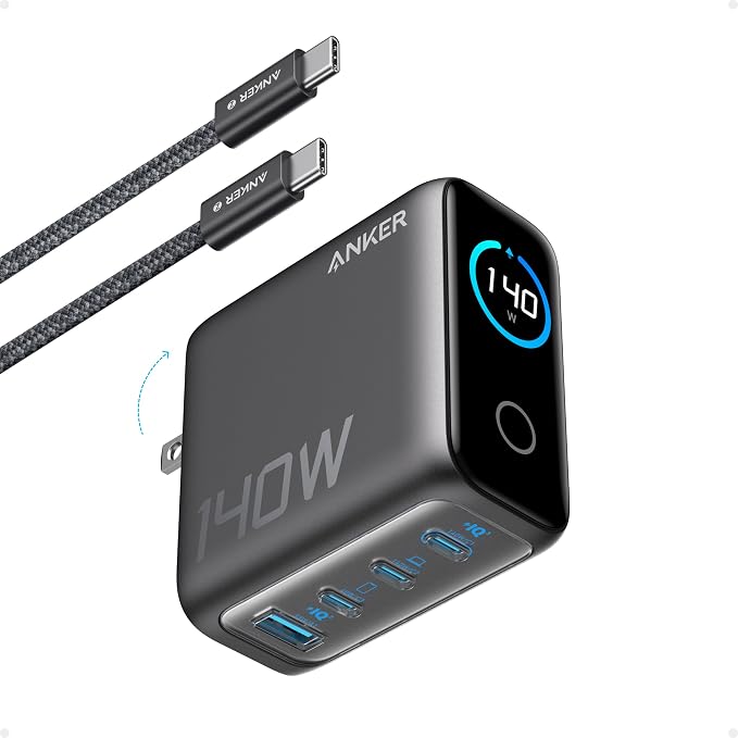 Anker 140W Max 4-Port GaN Charging BlocksSmart Display for MacBook Charger | Fast Charger USB C Power Adapter with Touch Controls for Macbook ProiPadiPhone 17/16 Series(Include 5FT CableNon-Batter