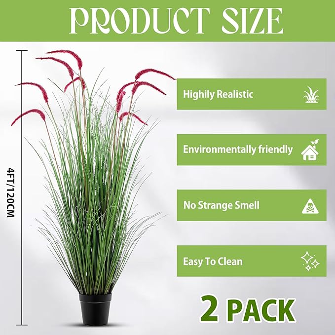 Jexine 2 Pieces Faux Plants Outdoor 4 ft Tall Artificial Grass Plant Potted Artificial Setaria Grass Faux Greenery Floor Plants for Housewarming Gift House Garden Lobby Outdoor (Purple)