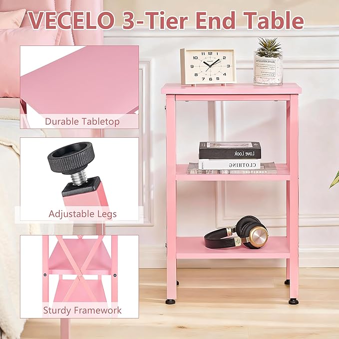 VECELO End Table, Bedside Table, 24" Tall Living Room End Tables, X-Design Reinforced Nightstands, Side Table with 3-Tier Storage Shelves for Small Spaces, Office, Bathroom, Bedroom, Pink
