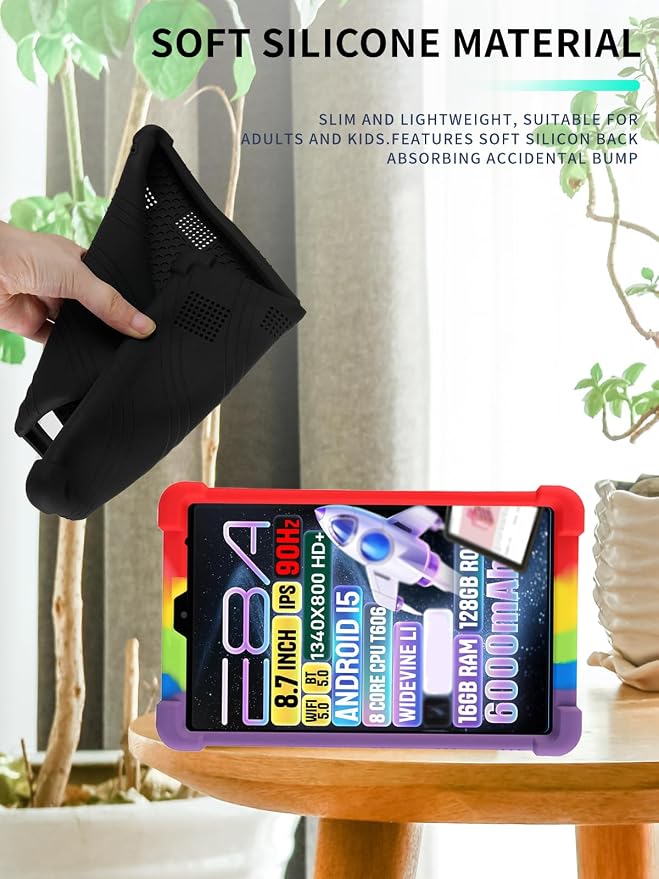 Case for Zuleisy E8A Android 15 Tablet 8.7 inch，WUNIAK Shock Proof Lightweight Stand Rubber Shell Protective CoverKids Friendly Soft Silicone Adjustable Stand CoverBlack