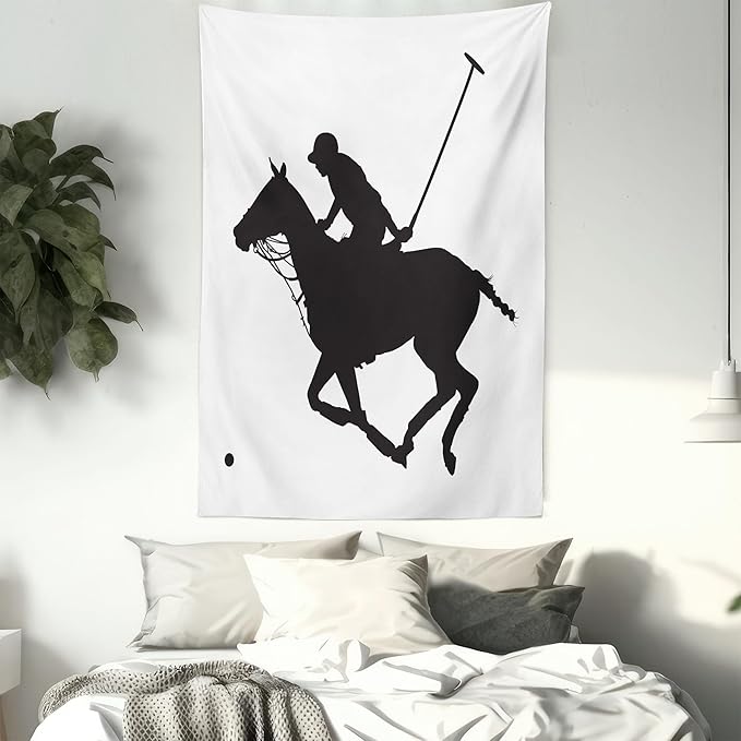 Ambesonne Sports Tapestry Queen Size, Silhouette Illustration of Polo Player on a Horse Hitting a Ball Print, Wall Hanging Bedspread Bed Cover Wall Decor, Queen Size, Charcoal Grey