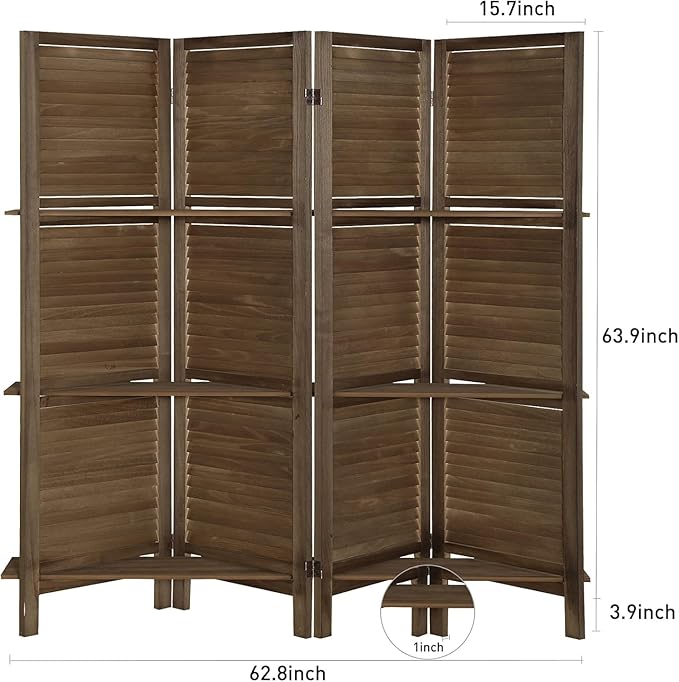 4 Panel Room Divider with Shelves, Room Dividers and Folding Privacy Screens, Folding Room Dividers 4 Panel, Wood Room Divider with 3 Display Shelves for Home Office (Brown)