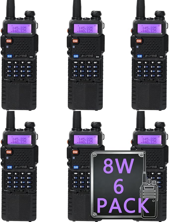 Baofeng UV-5R Dual Band Two Way Radio Handheld Ham Radio Long Range Walkie Talkies Pack of 6 for Hiking Camping Hunting Skiing Trip(Black) with 8W 3800mAh Battery