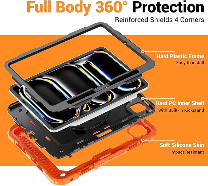 for iPad Pro 11 inch Protective Case M5 2025/M4 2024: Heavy Duty Shockproof Case with Pencil Holder - 360°Rotating Handle/Stand - Screen Protector - Shoulder Strap Black/Sky Blue