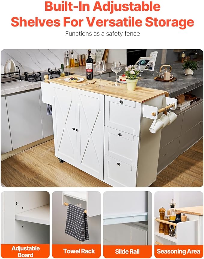 VEVOR Kitchen Island Cart, 45.3x39 inch Rolling Kitchen Table, Mobile Carts with Storage Cabinet and Solid Wood Top, Portable Islands with Wheels, Spice Rack, Towel Rack, Drop Leaf and Drawer, White