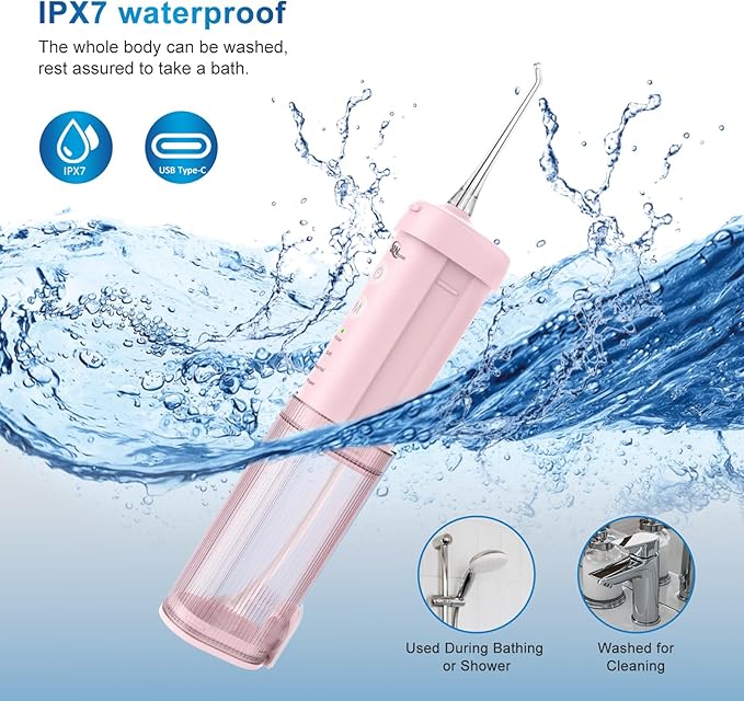 JNGOODS Mini Portable Water Flosser Oral Irrigator Water Teeth Cleaner Pick, Telescopic Water Tank, 4 Modes & IPX7 Waterproof, Home & Travel Water Flossers for Teeth, Braces Bridges Care. (Pink)
