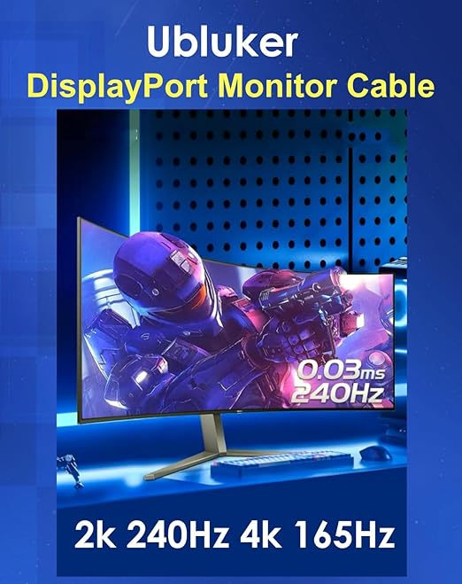 Ubluker 10K 8K DisplayPort 2.1 Cable 54Gbps 8 FT, Certified DP to DP Cord 4K 240Hz 165Hz 144Hz 120Hz 10K 8K 120Hz Nylon Braided UHBR HDCP2.3 FreeSync G-Sync RTX5090 Gaming Monitor PC Projector