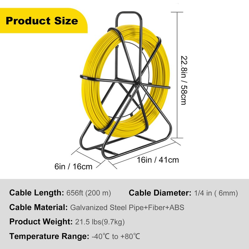 Non-Conductive Fiberglass Fish Tape Duct Rodder, 6mm x 200m (656ft) with Steel Reel Stand, Professional Cable Puller for Electrical Conduit and Wall Installation
