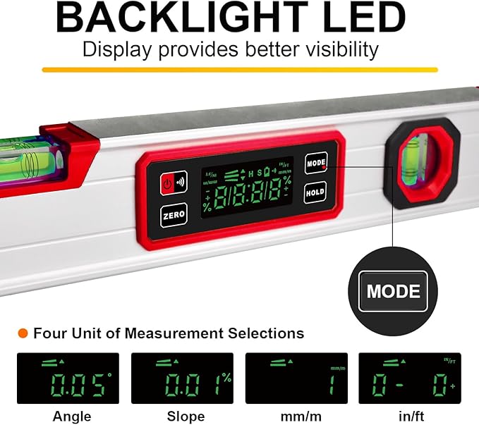eOUTIL 15.7-Inch Digital Torpedo Level & Angle Finder – IP54 Waterproof Inclinometer with Backlit LCD, V-Groove Magnetic Base, 0.1° Accuracy – for Construction, Woodworking, Metalworking（Red)