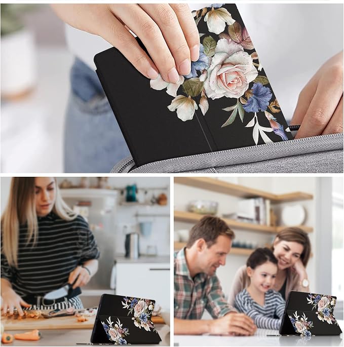 Case for Samsung Galaxy Tab A 10.1 Case 2019 Only Fit (SM-T510/ SM-T515/ SM-T517 Case) Premium PU Leather Cover Shockproof Protective Cover Folding Stand Case Black Flowers