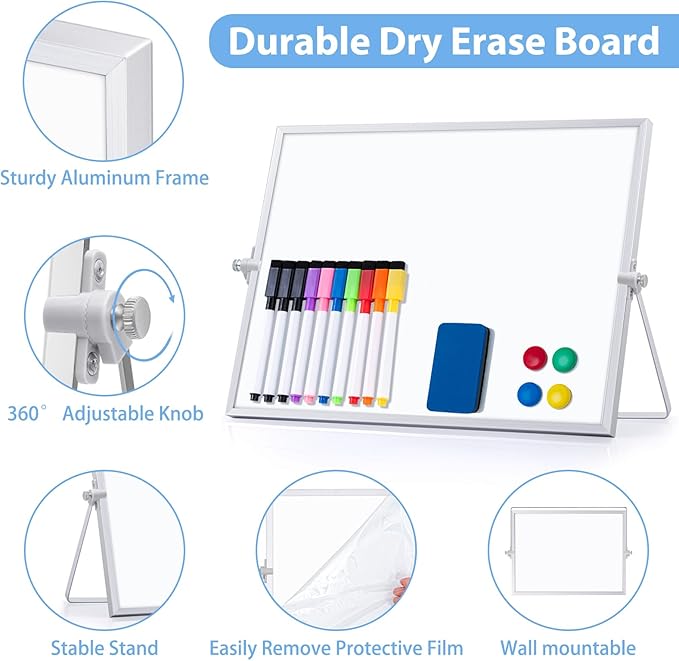 ARCOBIS Dry Erase White Board with Stand, 12" x 16" Weekly Double-Sided Desktop Whiteboard 10 Markers, 4 Magnets, 1 Eraser, Portable Magnetic Dry Erase Calendar for Planning, to Do List, Memo, School