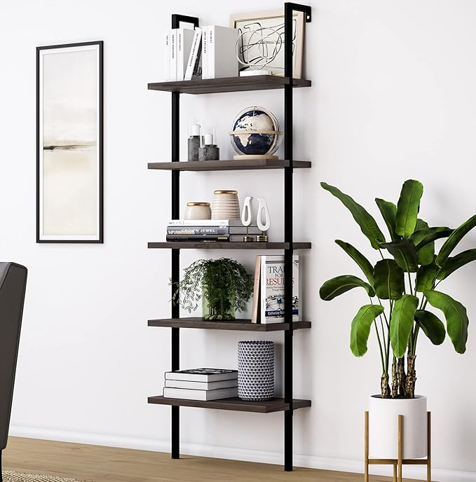 Nathan James Theo 5-Shelf Wood Modern Bookcase, Open Wall Mount Ladder Bookshelf with Industrial Metal Frame, Dark Brown Nutmeg/Black