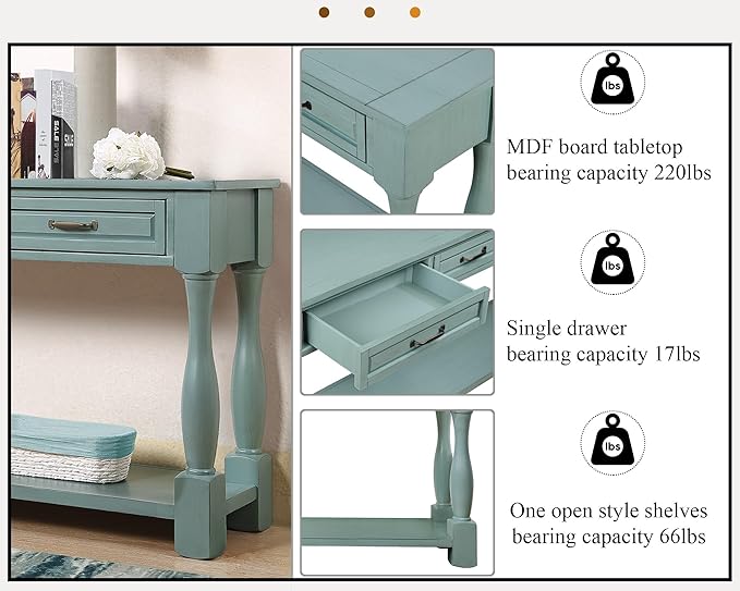 LKTART Solid Wood Console Table for Entryway,Long Sofa Table with 3 Drawers for Hallway,Foyer,Entry,Easy Assembled (63" Retro Green)