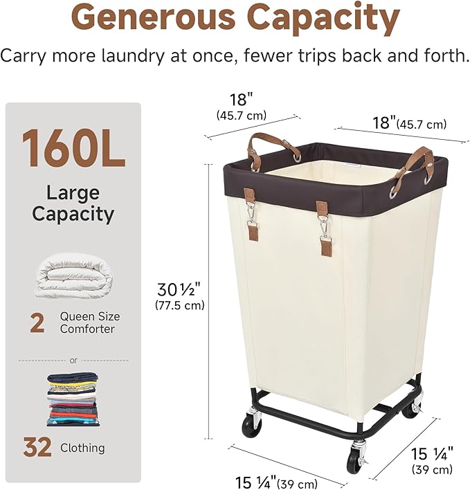 StorageWorks 160L Laundry Basket with Wheels, Large Rolling Hampers for Clothing Organizer, Dirty Clothes Basket for Hotel, Home, Closet, Dorm, Beige