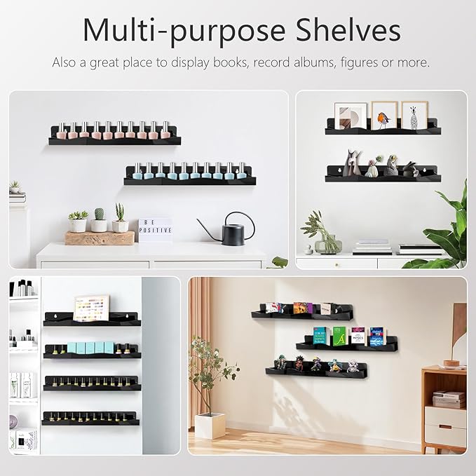 6 Pack Wall Mounted Acrylic Nail Polish Organizer Rack 15 Inch Black Nail Polish Shelf with Removable Ends Multi-Purpose Shelf for Essential Oils Cosmetics Storage Display for Salon Bathroom