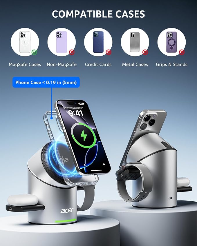 Acer Prime 3 in 1 Charging Station for Apple - Magnetic iPhone Wireless Charging Station Magsafe Charger Stand for iPhone 17 16 15 14 13 12 - Apple Watch - Airpods Series (Charger &amp USB-C Include