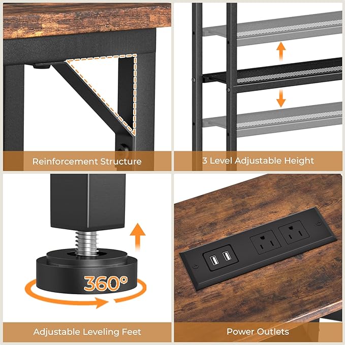 Tatub 39.4" Behind Couch Table with 2 Power Outlets and Led Light, Rustic Narrow Console Industrial 2 Tier Skinny Entryway Sofa Table with Metal Frame for Living Room