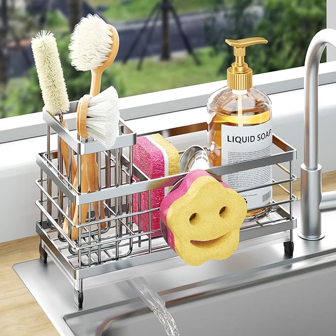 HapiRm Sponge Holder for Kitchen Sink - Self-draining Sink Caddy with Smiley Face and Brush Holder, Stainless Steel Kitchen Organizer for Countertop - Silver
