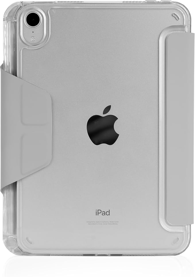 STM OPP Case for iPad mini (A17 Pro/6th Gen) – Ultra-Slim Folio Cover with Origami Stand Crystal Clear Back Drop Protection Integrated Apple Pencil Holder Easy Port Access – Grey