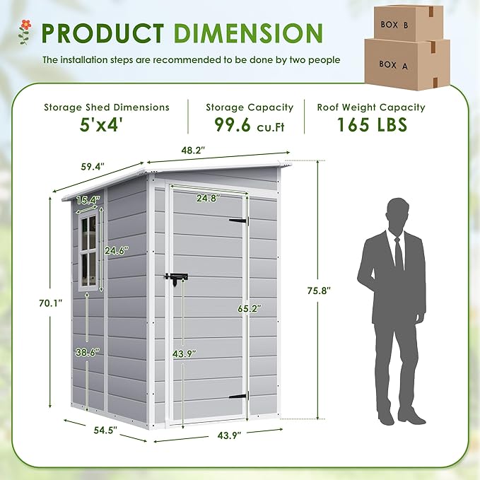 JUMMICO Outdoor Storage Shed, 5 x 4 FT Resin Shed with Floor and Lockable Door, Plastic Garden Tool Outside Sheds for Patio Backyard Lawn