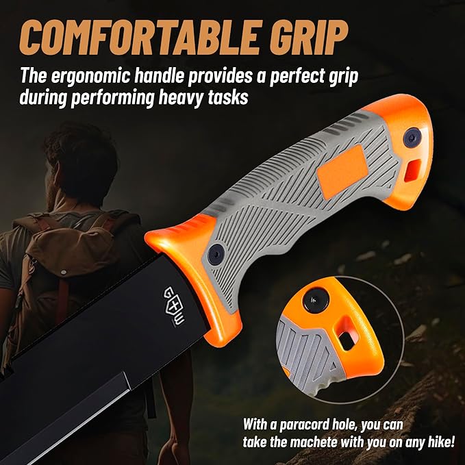 Machete with Saw 25" / 19" Heavy Duty Tool & Sheath - Ergonomic No-Slip Handle - Survival Knife with Serrated Blade - Machetes for Bushcraft Hunting Garden Cutting Trees and Yard Work