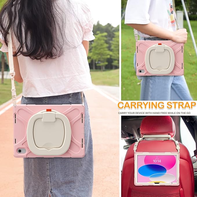 BRAECN Case for iPad (A16) 11th/10th Generation 11”/10.9'' 2025/2022-Shockproof Silicone Cover w/Pencil Holder/360°Swivel Ring Stand/Handle Grip/Kickstand/Shoulder Strap/Screen Protector, Sakura Pink